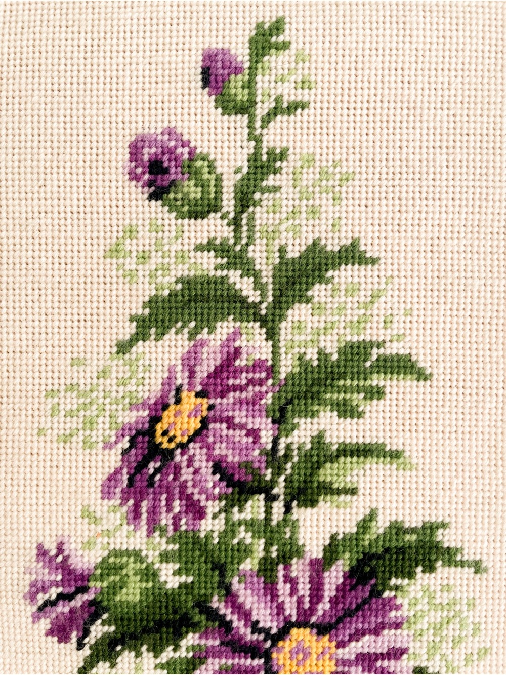 Vintage Framed Needlepoint Purple Aster Flowers Floral Botanical Wall Art - Picture 3 of 7